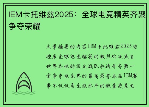 IEM卡托维兹2025：全球电竞精英齐聚争夺荣耀